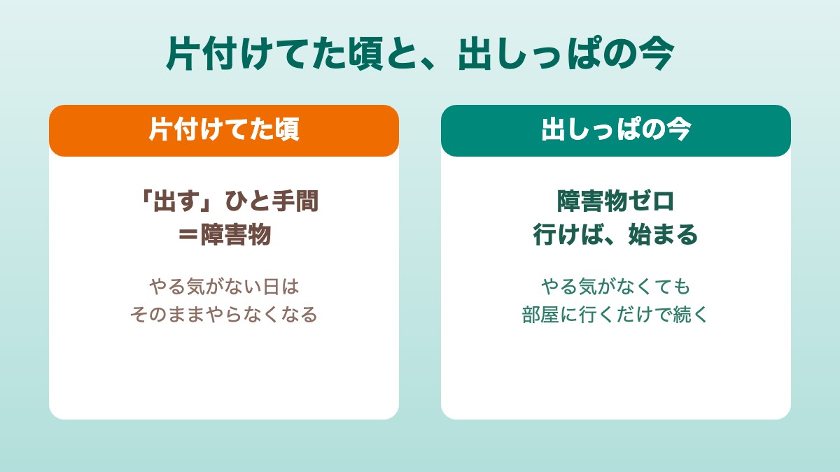 しまう派は準備で足が止まる、出しっぱは障害物ゼロで続く