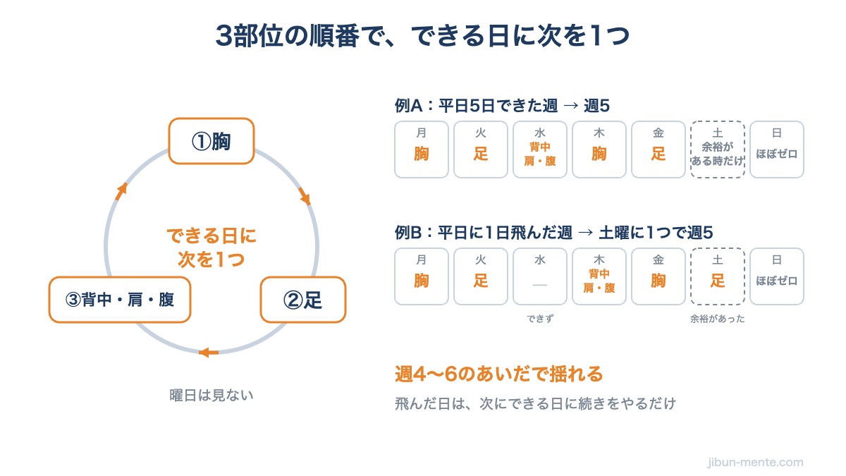 3部位の順番で回す図：平日5日の週と1日飛んだ週の例、土曜は余裕がある時だけ、日曜はほぼゼロ、週4〜6で揺れる